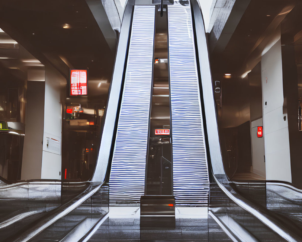 Empty, well-lit indoor space with modern escalator and shiny metal surfaces.