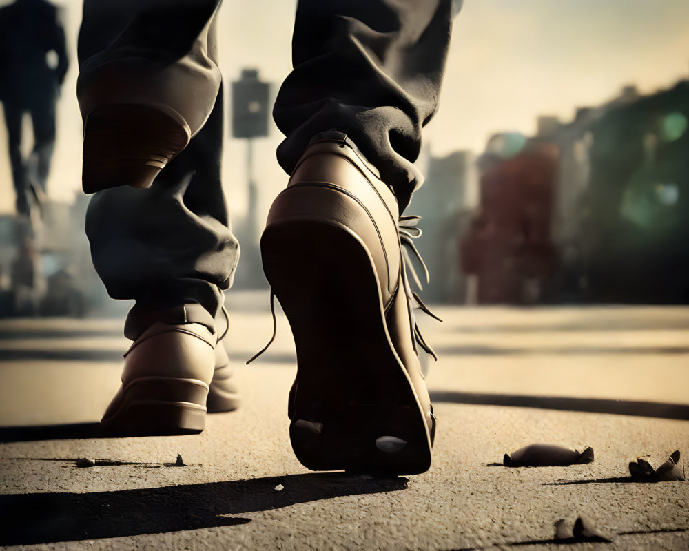 Person walking on urban street, low angle view of shoes