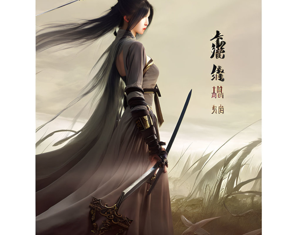 Illustrated woman in Asian attire with sword in tall grass