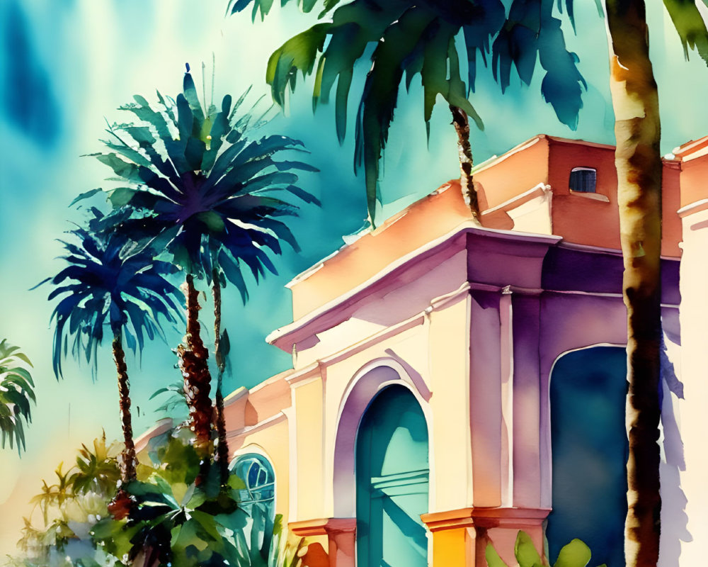 Tropical street scene watercolor painting with palm trees and lush building foliage