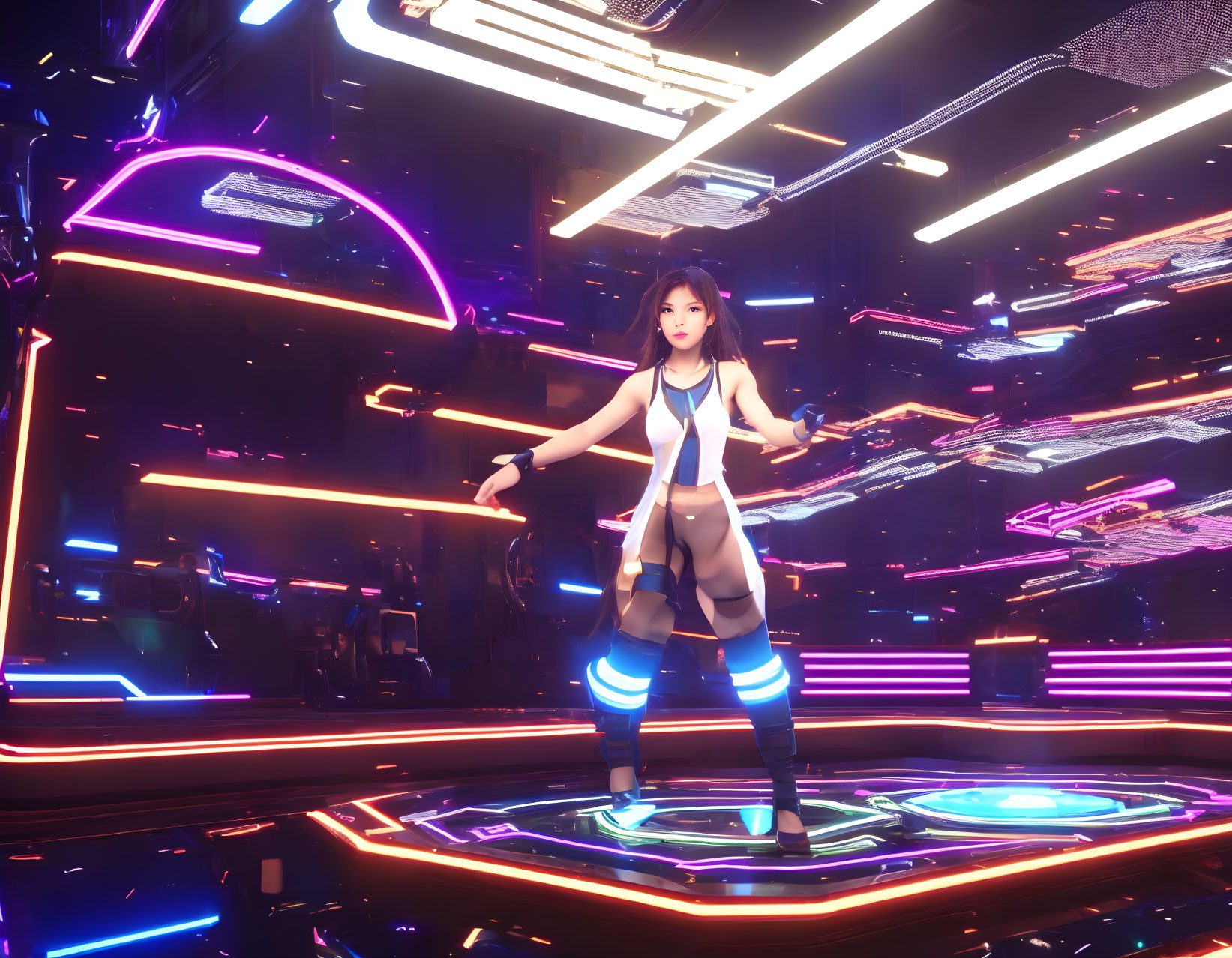 Short Dark-Haired Animated Character in Futuristic Neon-lit Setting