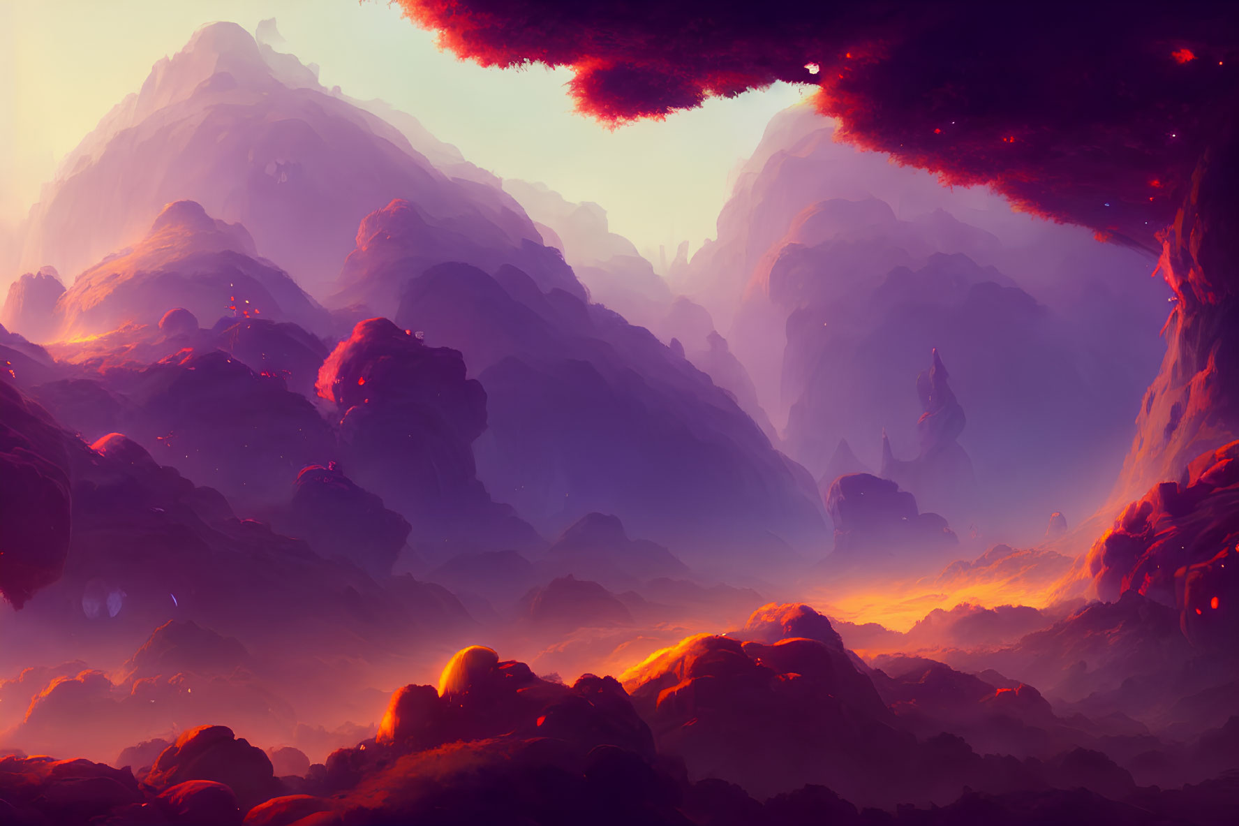 Fantastical landscape with towering mountains under crimson sky