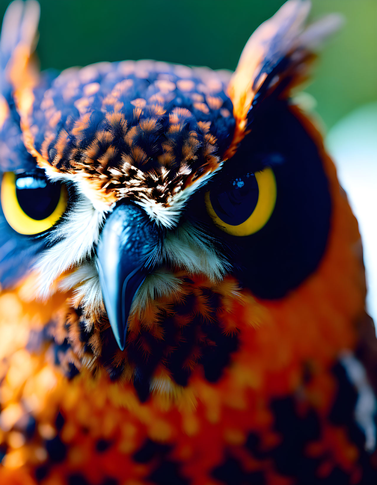 Colorful Owl with Yellow Eyes and Detailed Plumage