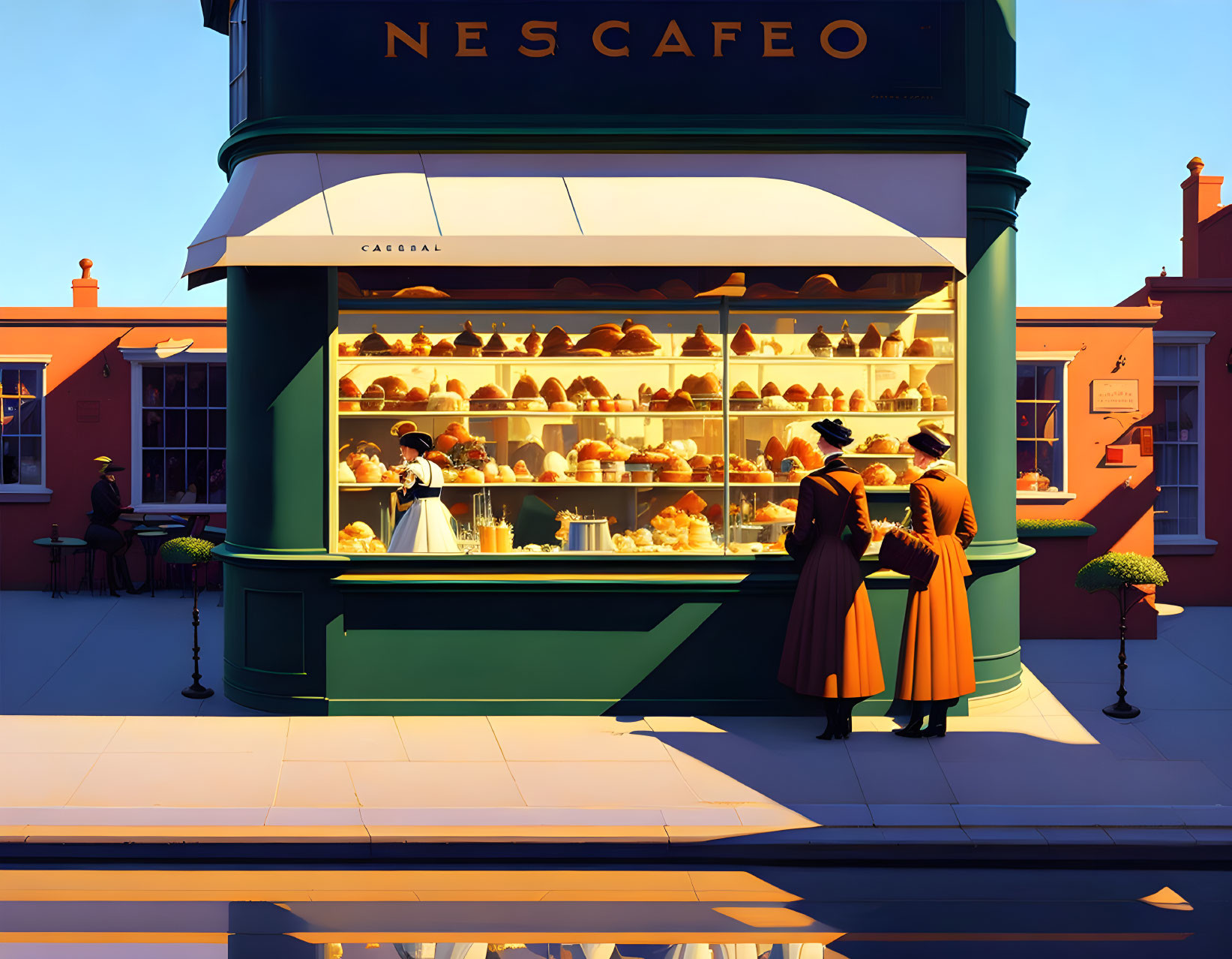 Busy cafe scene at sunny street corner with "NESCAFE" sign, pastries, and bar