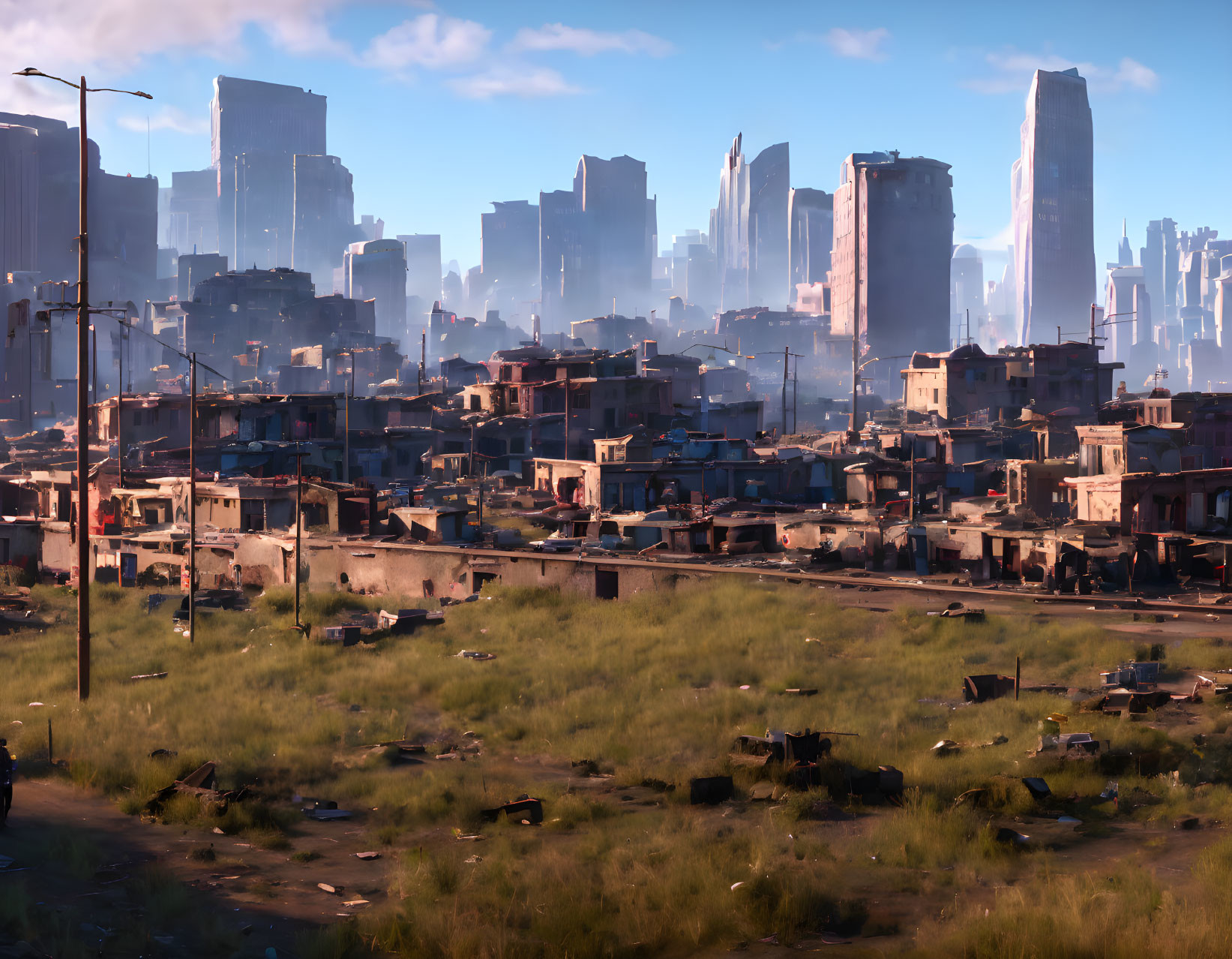 Contrasting cityscape: slum vs. skyscrapers under blue sky