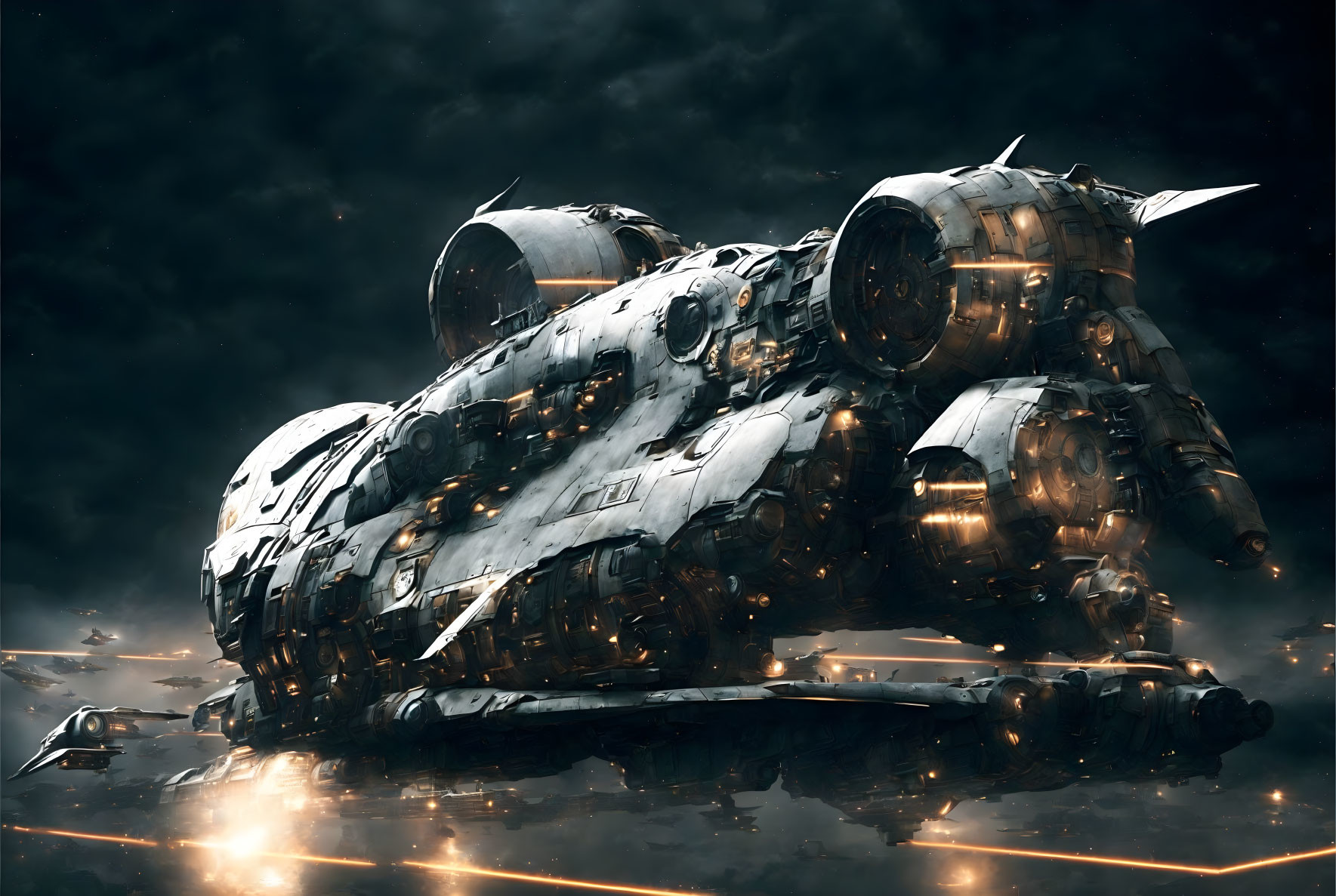 Large battle-worn spaceship in futuristic style against dark, cloudy backdrop