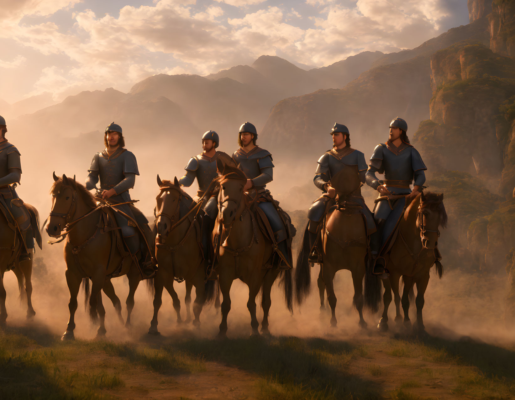 Armored Medieval Knights on Horseback in Mountainous Landscape