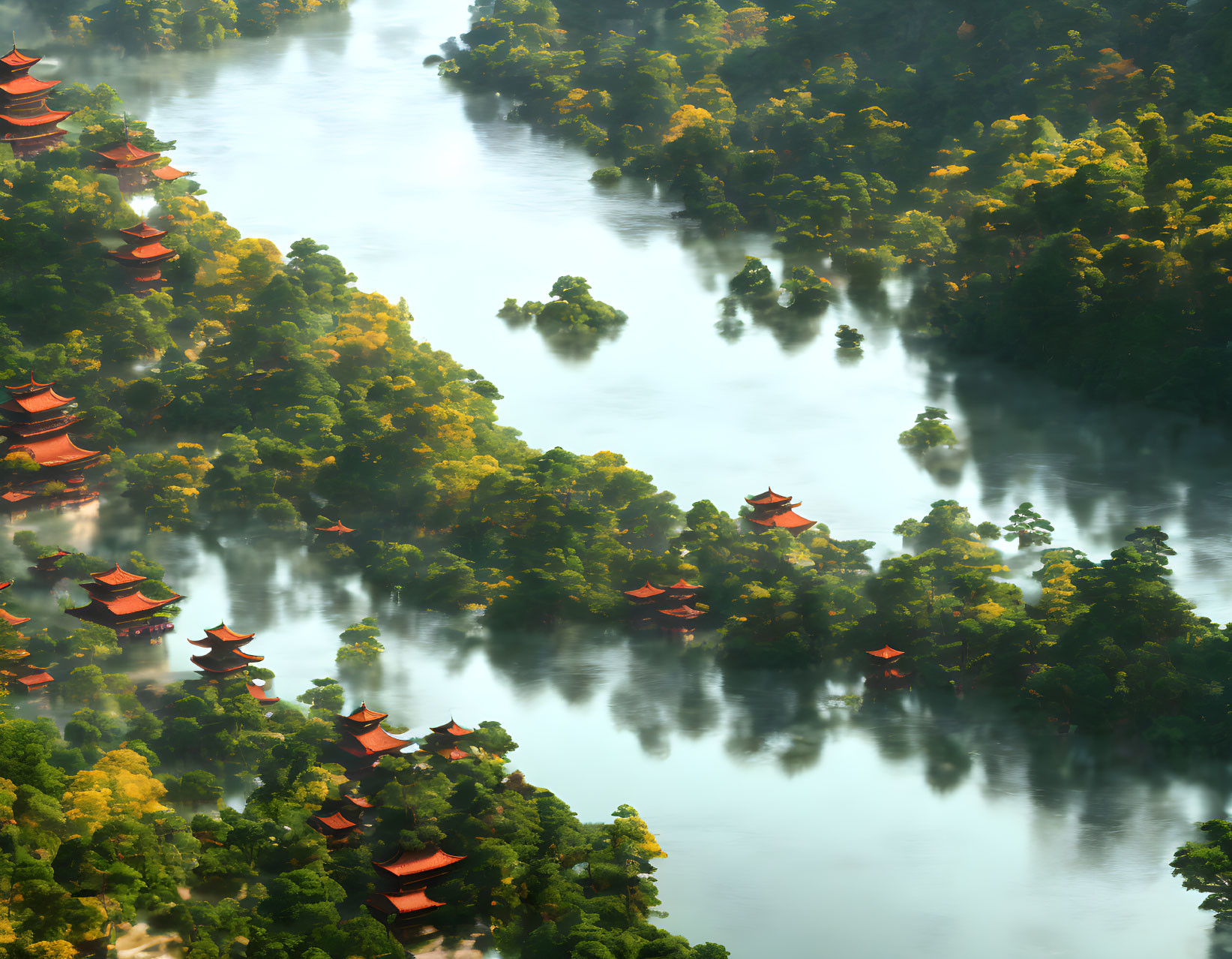 Tranquil Landscape with Red-Roofed Pagodas and River