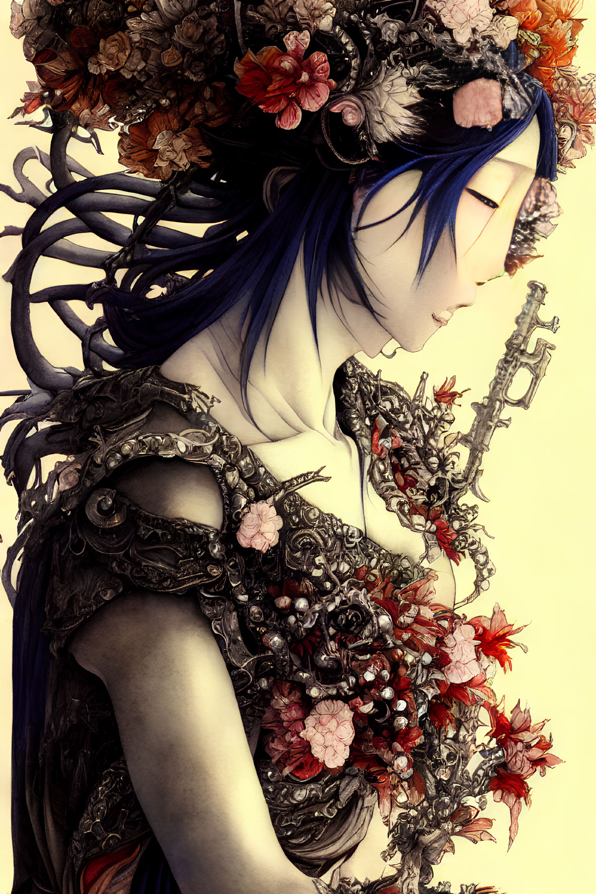 Detailed Artwork: Person with Blue Hair in Ornate Floral and Metallic Armor