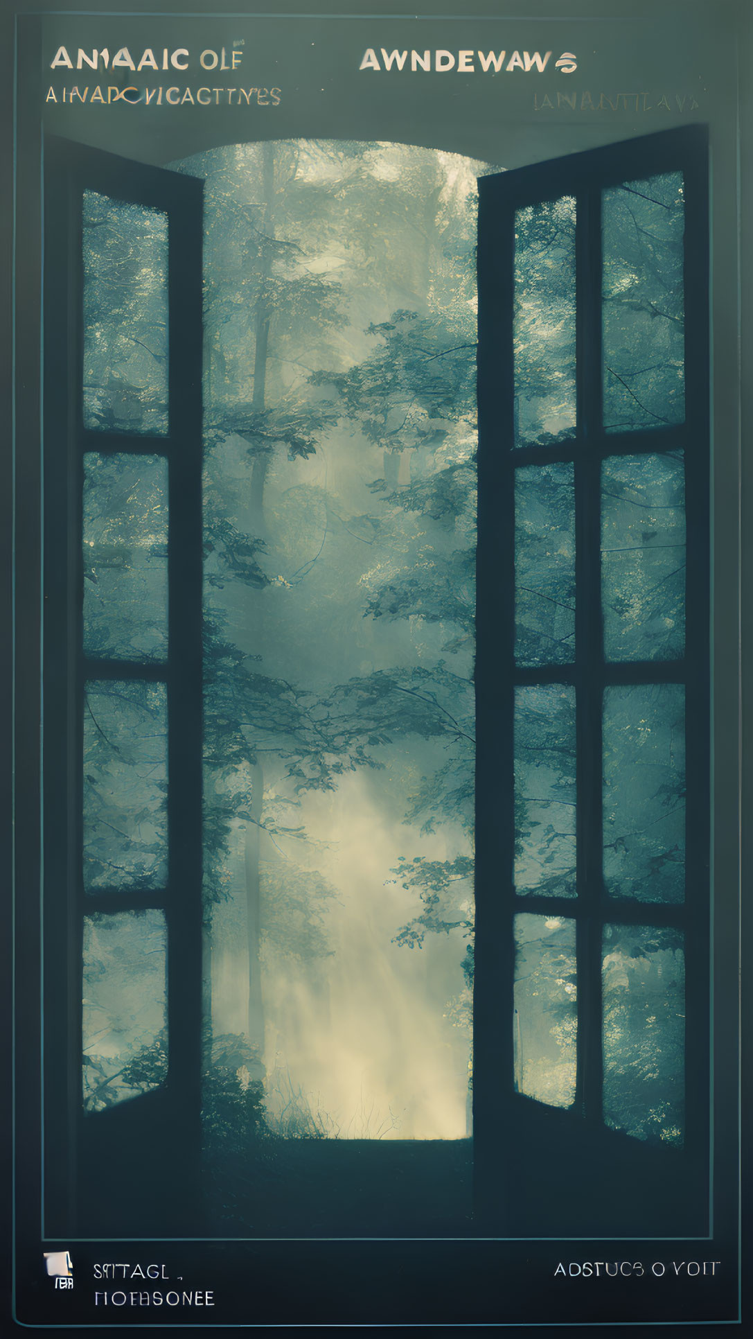 Misty forest scene through silhouette window with mysterious text overlays