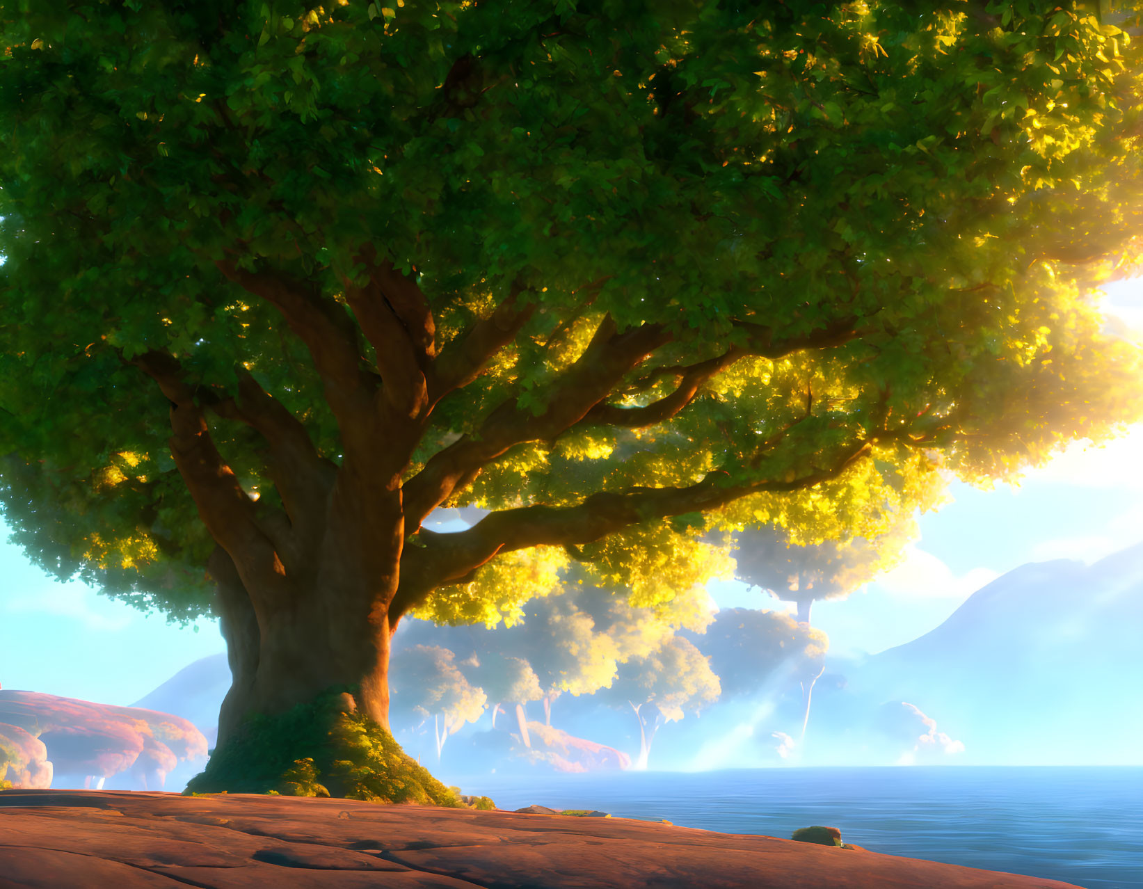 Majestic tree with thick trunk and lush green canopy by tranquil ocean and distant mountains