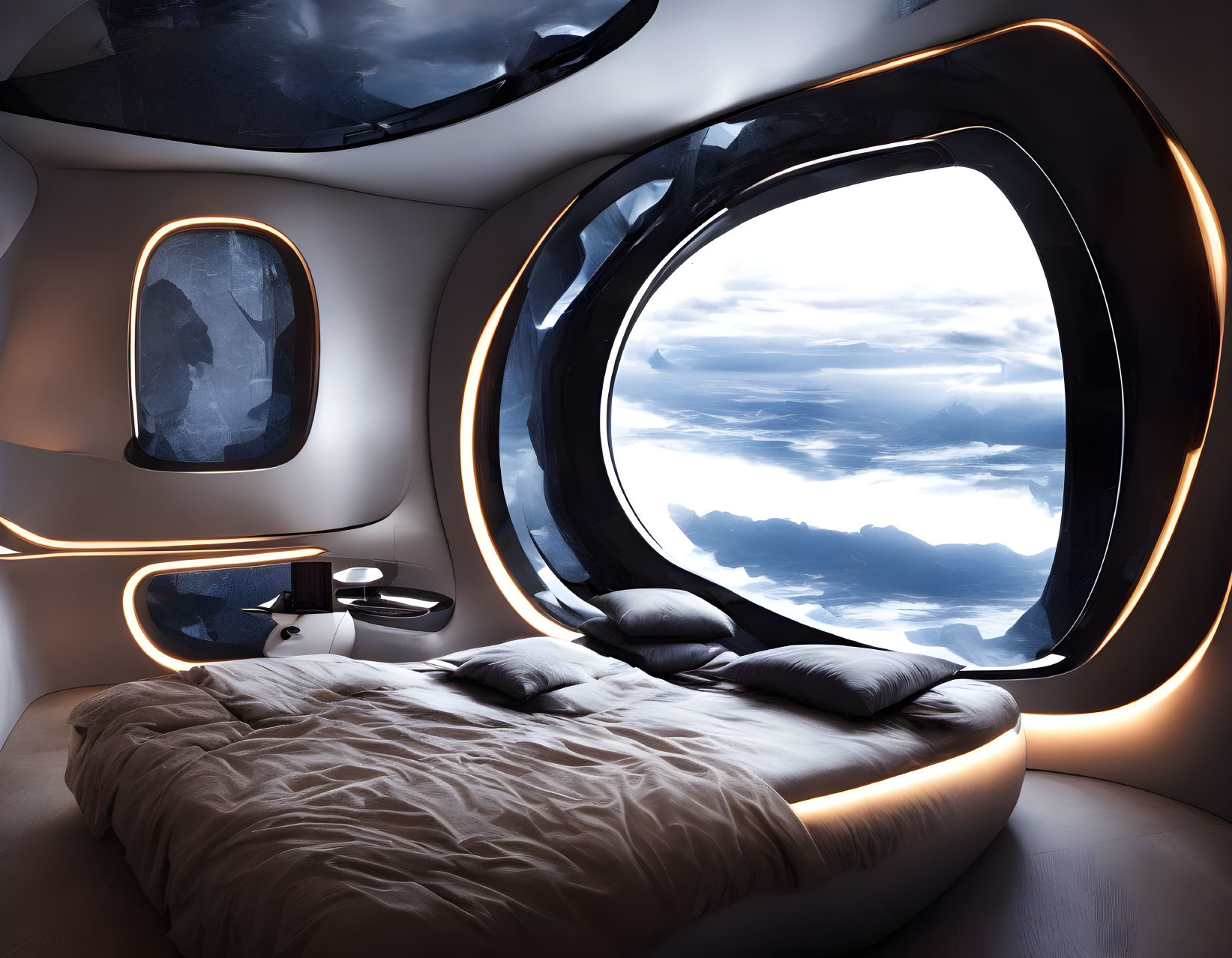 Modern Bedroom with Large Bed and Circular Windows in Futuristic Design