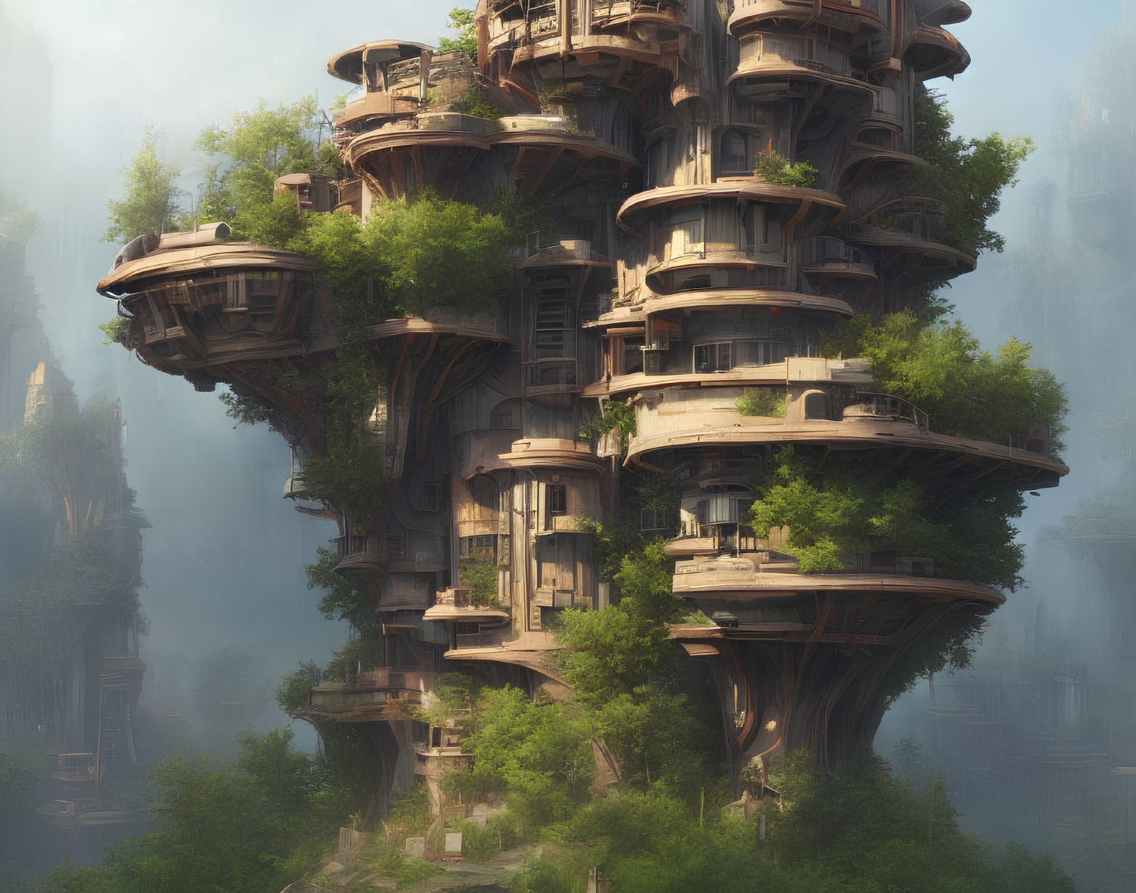 Futuristic tree-like structures with multiple levels and balconies in misty forest setting