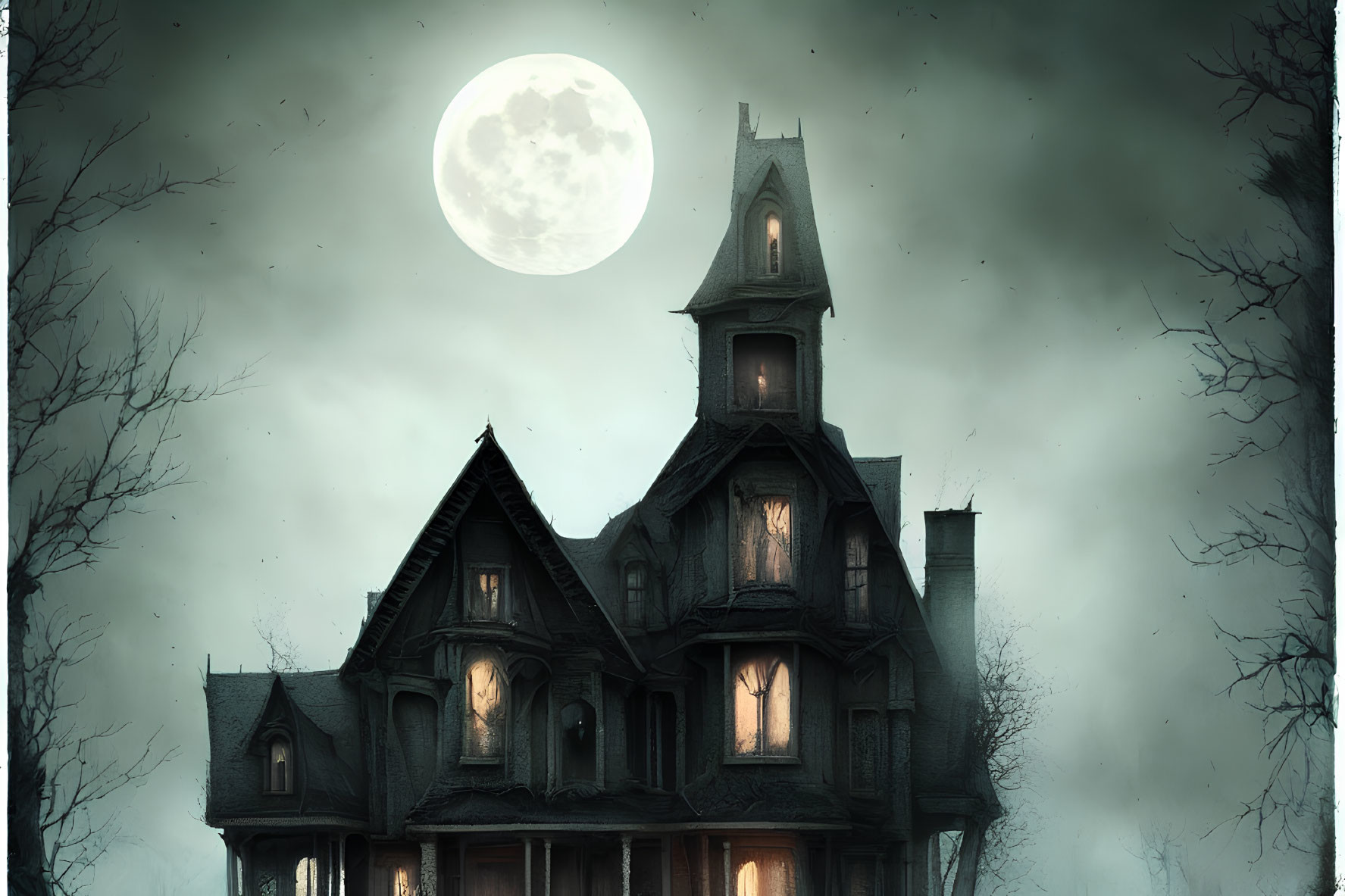 Victorian-style mansion in misty moonlit scene