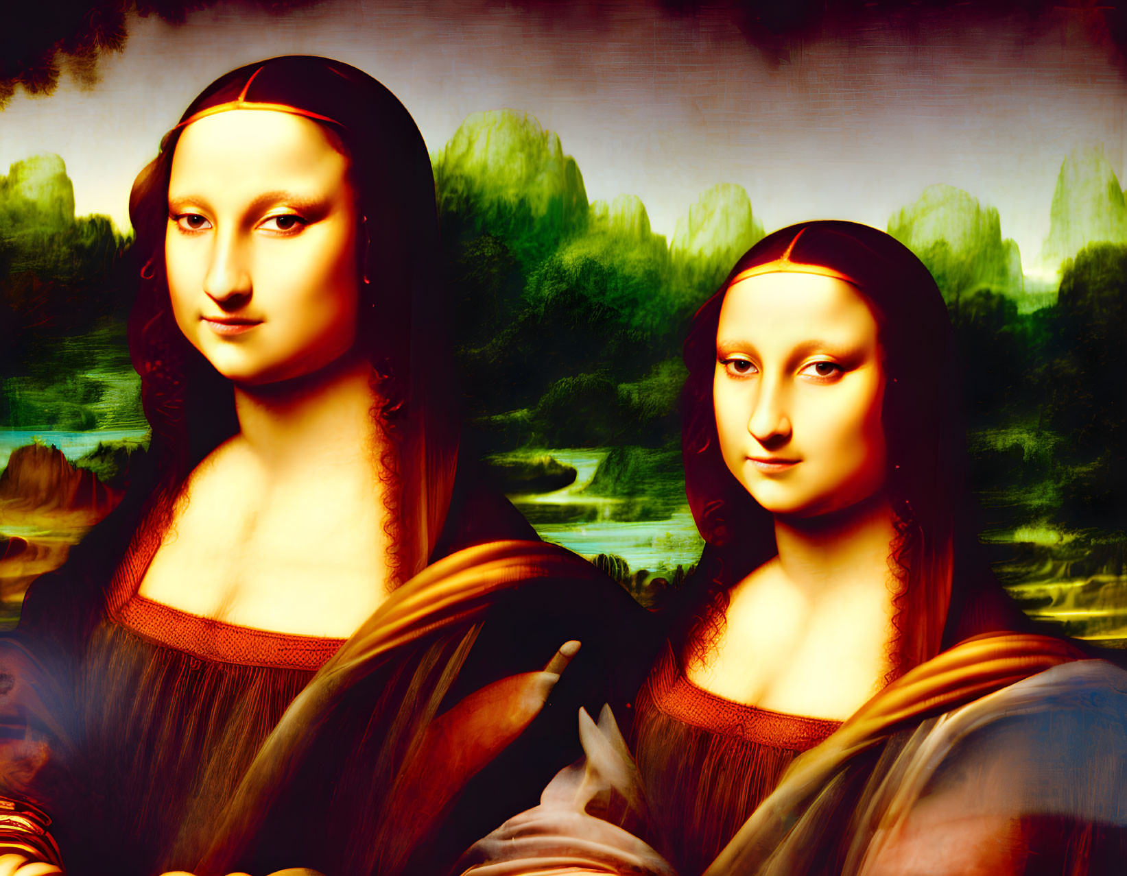 Digitally manipulated image of two Mona Lisa-like figures with enigmatic smiles in serene landscape