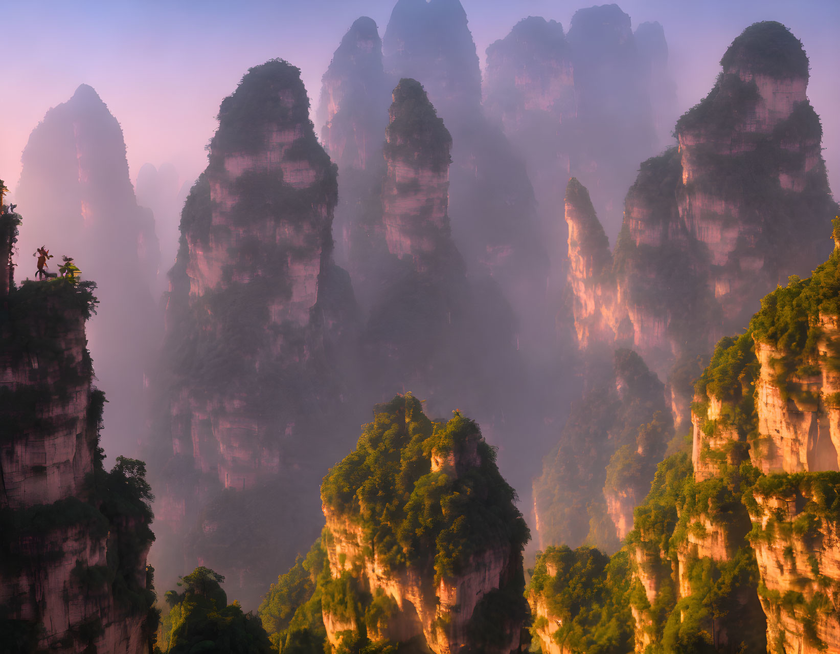 Serene landscape at misty sunrise with towering karst formations