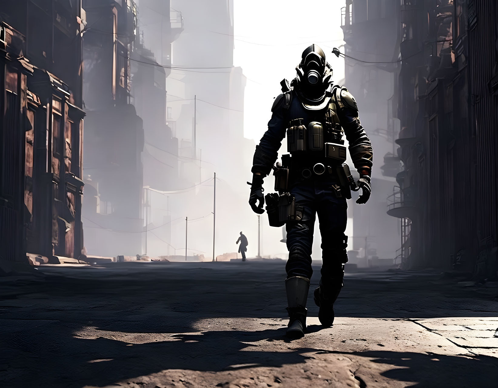 Figure in gas mask and tactical gear on sunlit street with derelict buildings