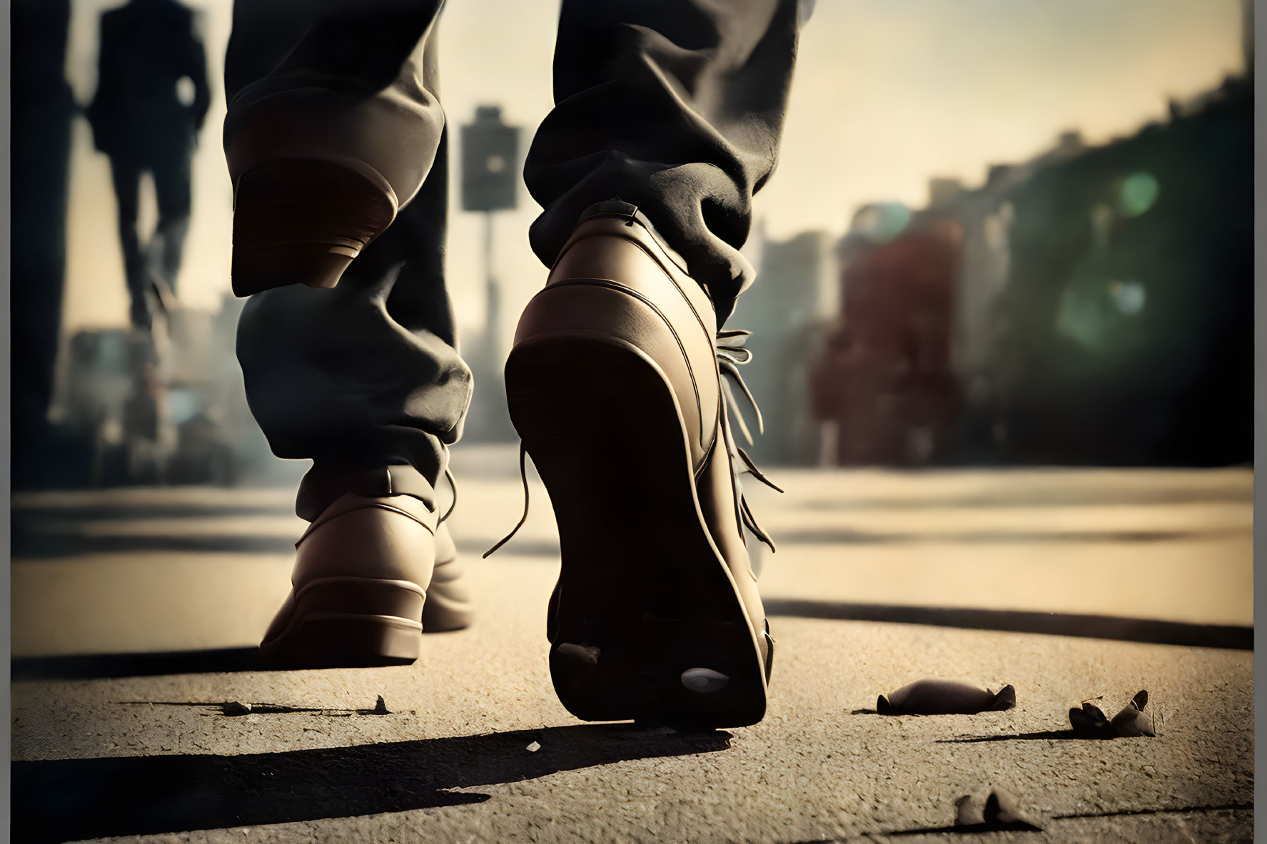 Person walking on urban street, low angle view of shoes