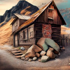 Rustic wooden cabin on stone foundation in autumn hills under dramatic sky