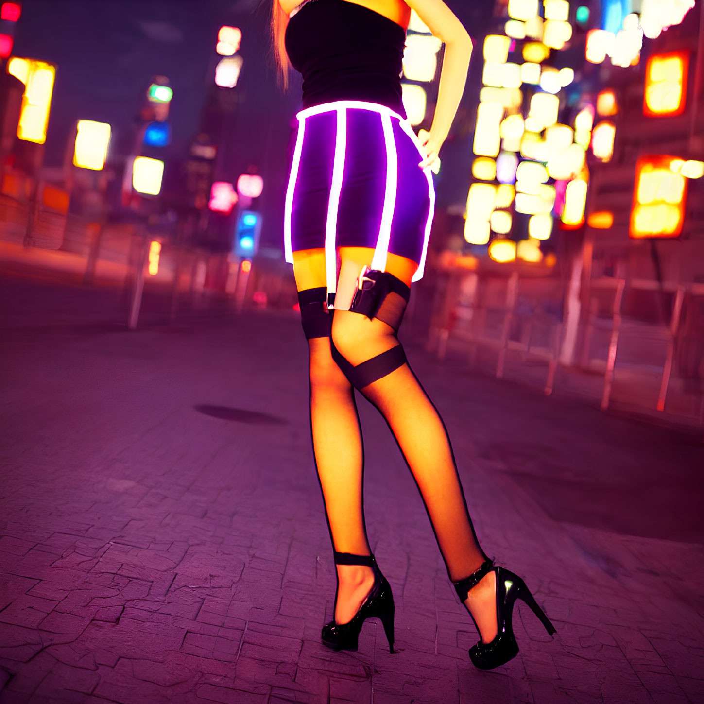 Woman in futuristic fashion on city street at night