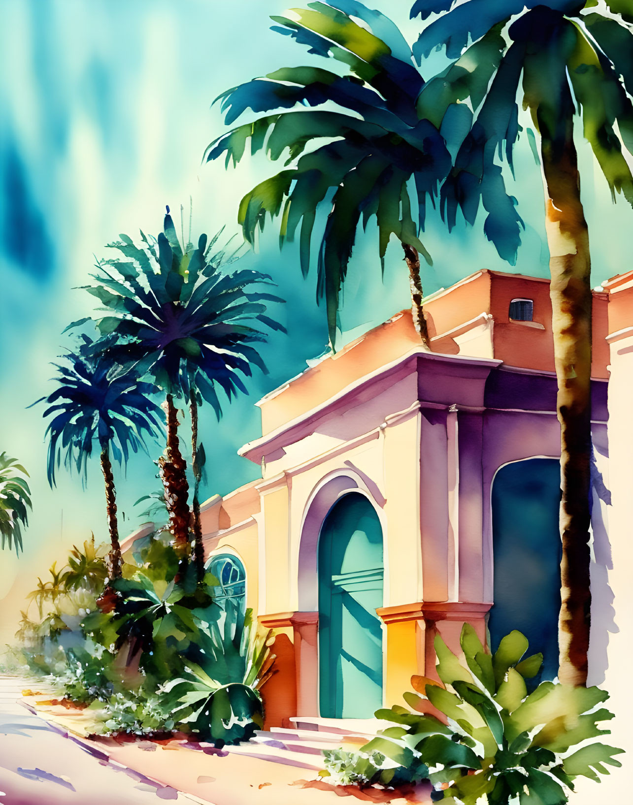 Tropical street scene watercolor painting with palm trees and lush building foliage