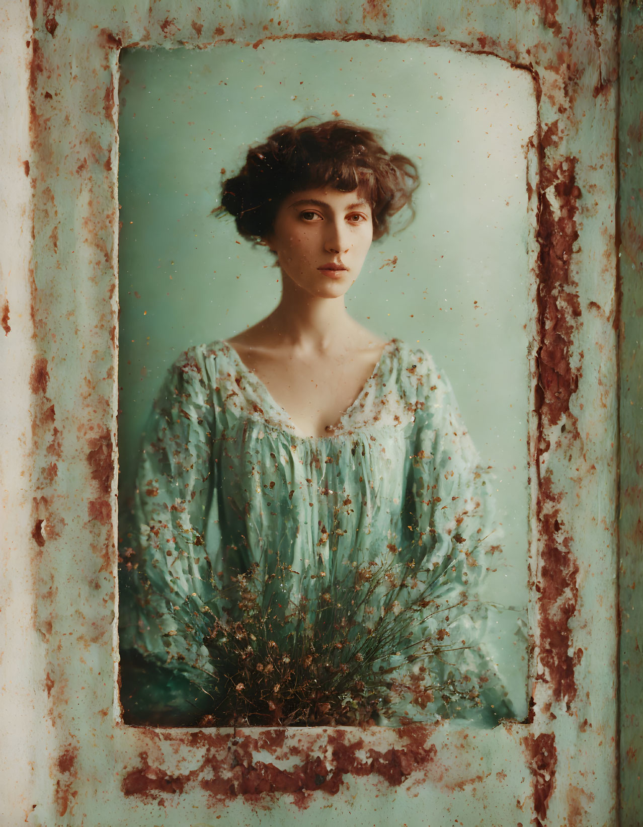 Vintage green floral dress woman poses with greenery behind rustic turquoise frame