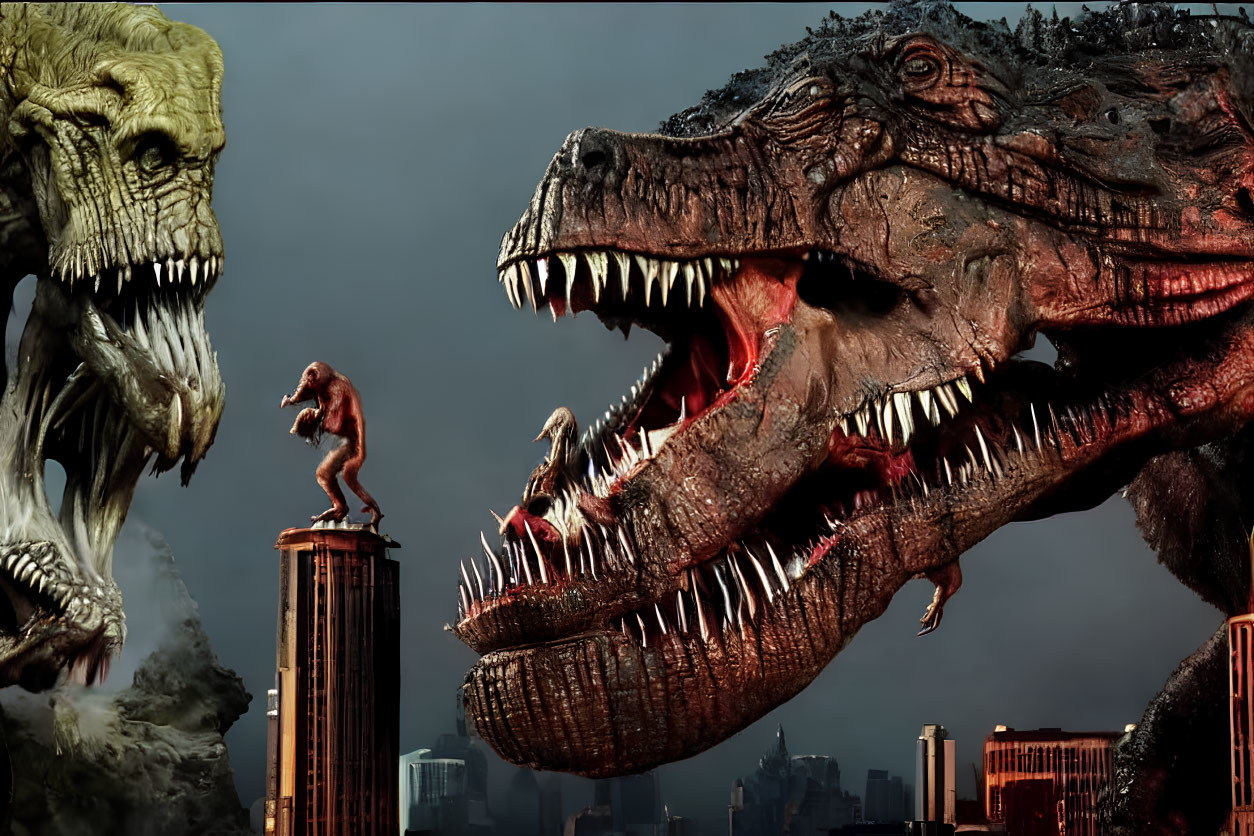 Giant crocodile and creatures in cityscape under dark sky