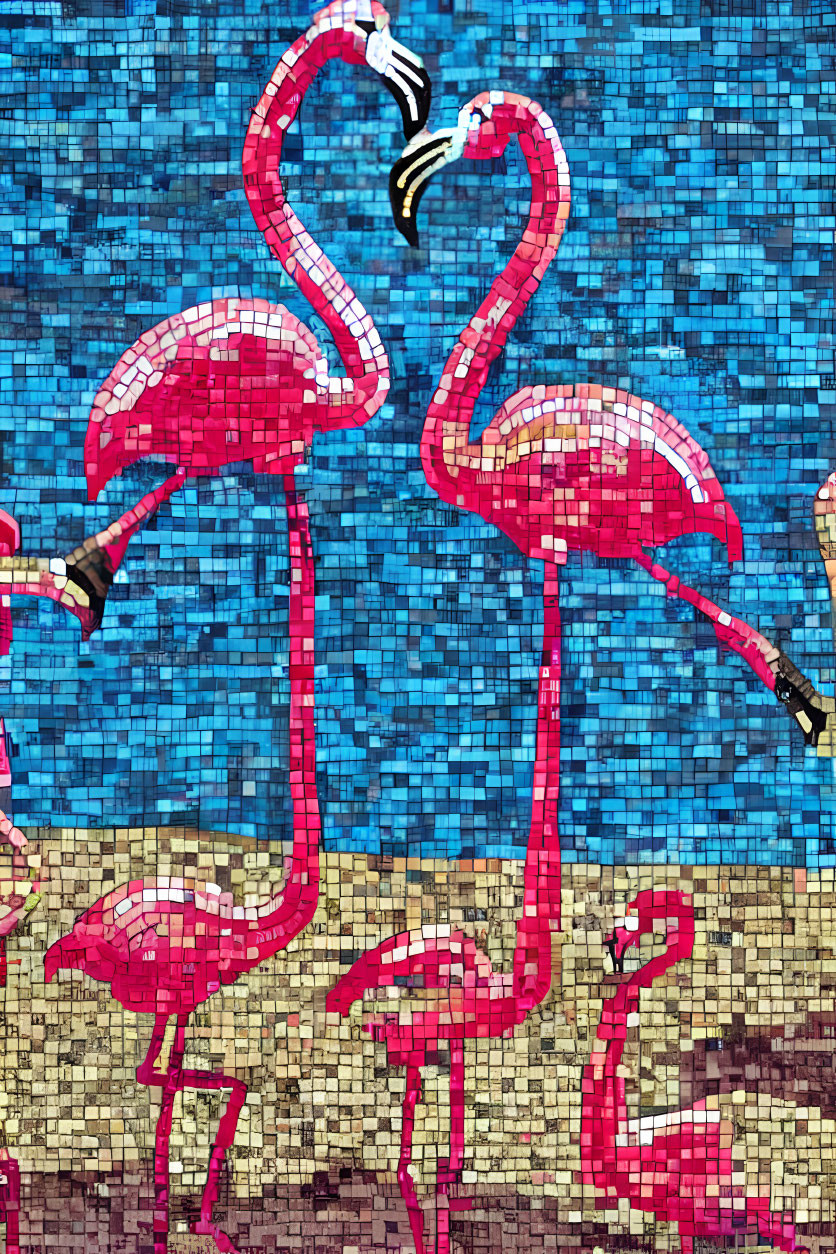 Vibrant pink flamingos mosaic on blue background