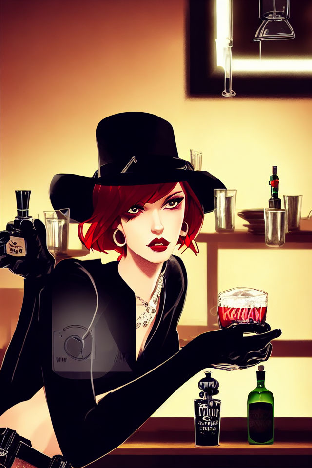 Red-haired woman in black hat with sleeve tattoo holding whiskey glass at bar