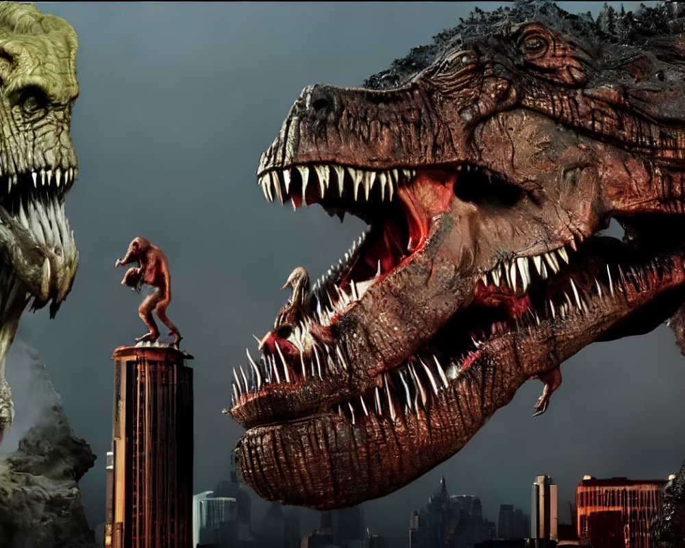 Giant crocodile and creatures in cityscape under dark sky