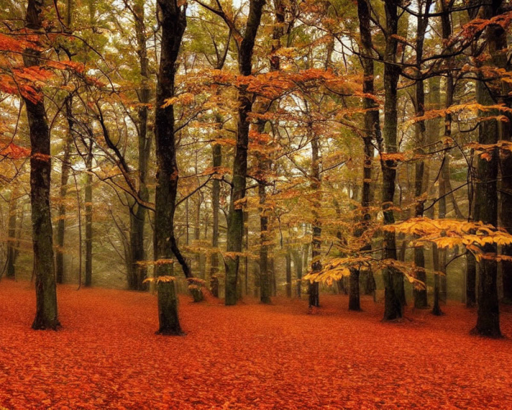Vibrant Autumn Forest with Orange and Red Leaves, Fallen Leaves Carpet, and Mystical Fog