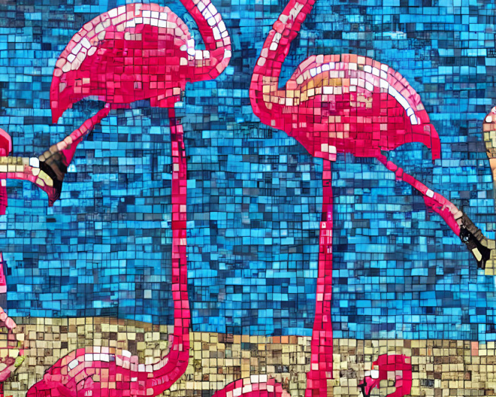 Vibrant pink flamingos mosaic on blue background