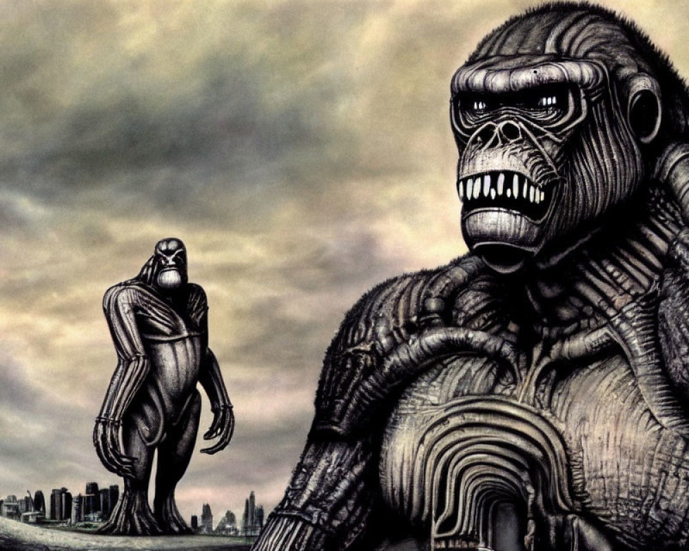 Monochrome illustration of giant gorilla and humanoid figure in cityscape