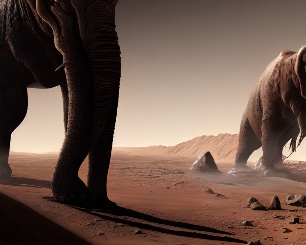 Two large elephants with elongated legs in barren desert landscape