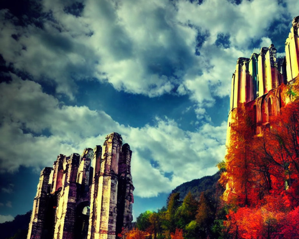 Ancient ruins in lush landscape with vibrant autumn trees under dynamic sky