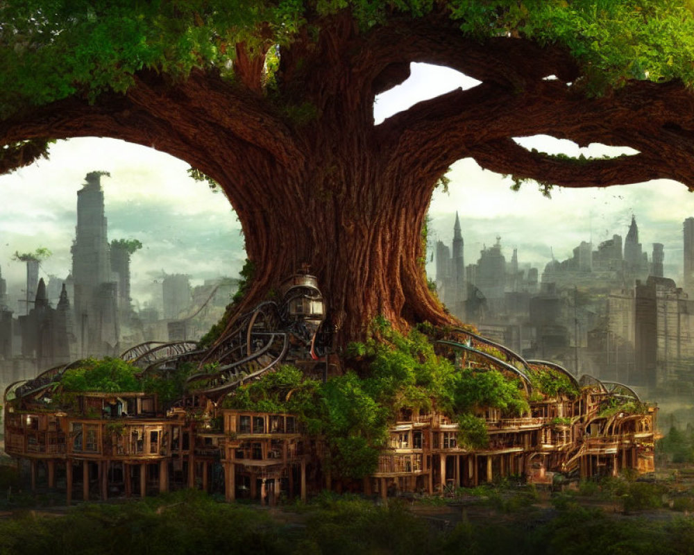 Verdant tree with wooden and metal structure against futuristic cityscape