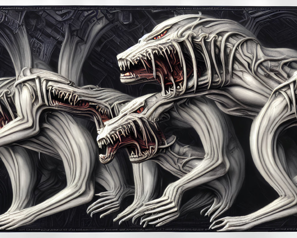 Biomechanical creatures with sharp teeth in dark industrial setting