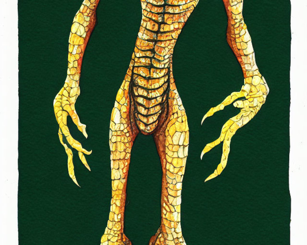 Detailed illustration of humanoid reptilian creature with long arms, sharp claws, bony spine, and sc