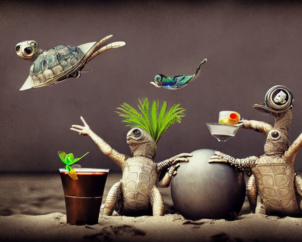 Whimsical turtles with human-like bodies and cocktail glasses in surreal setting