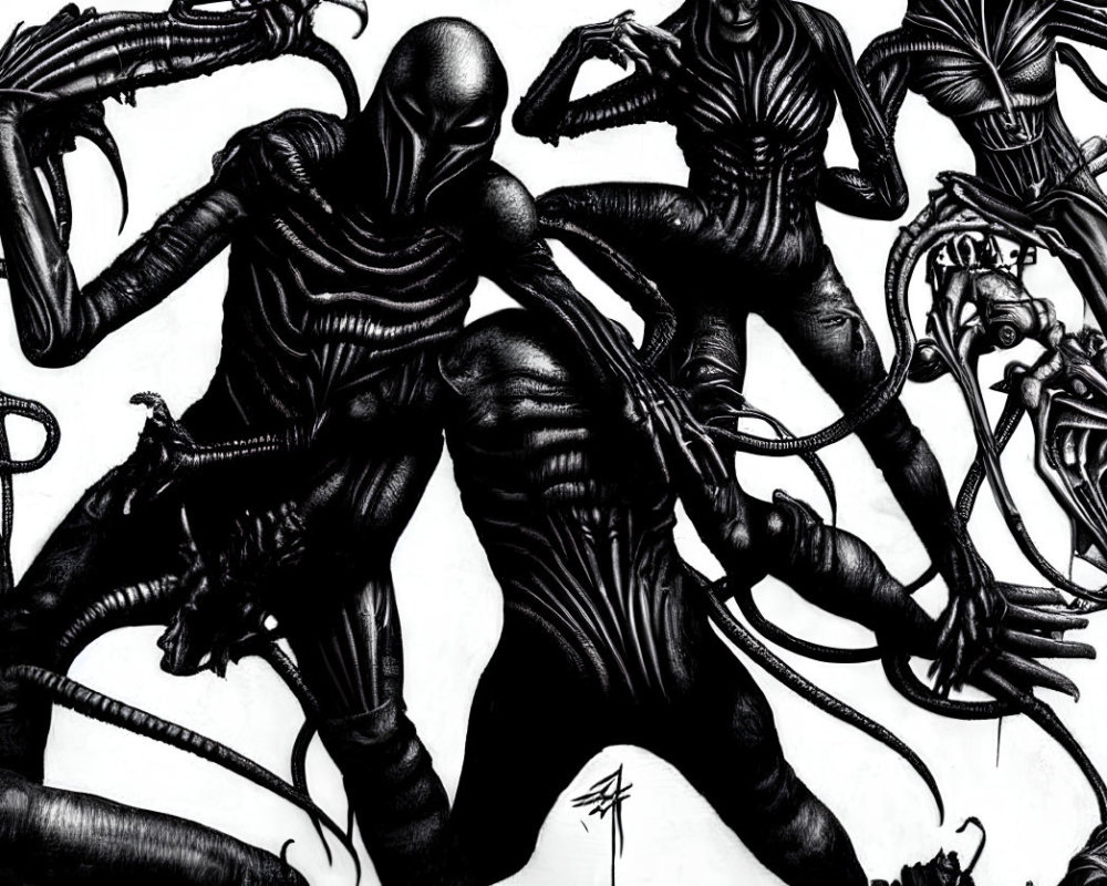 Multiple black-suited figures with elongated limbs and symbiote-like features in dynamic poses.