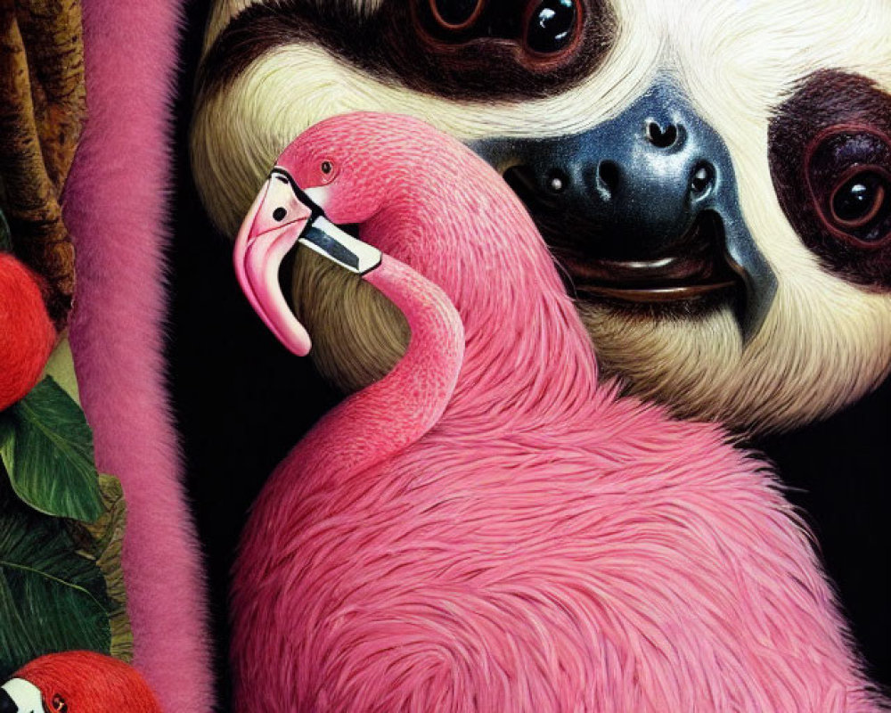 Surreal painting: sloth and flamingo fusion with vibrant jungle elements