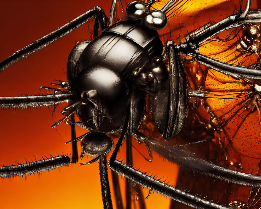 Detailed Close-Up of Mechanical Insect on Orange Background