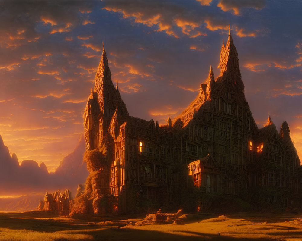 Majestic fantasy castle at sunset with towering spires