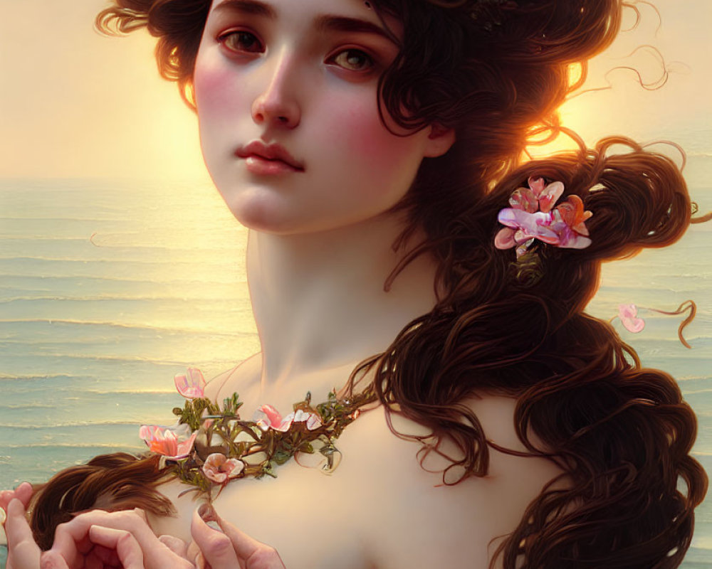 Digital painting of woman with dark hair and flowers against golden sunset by the sea