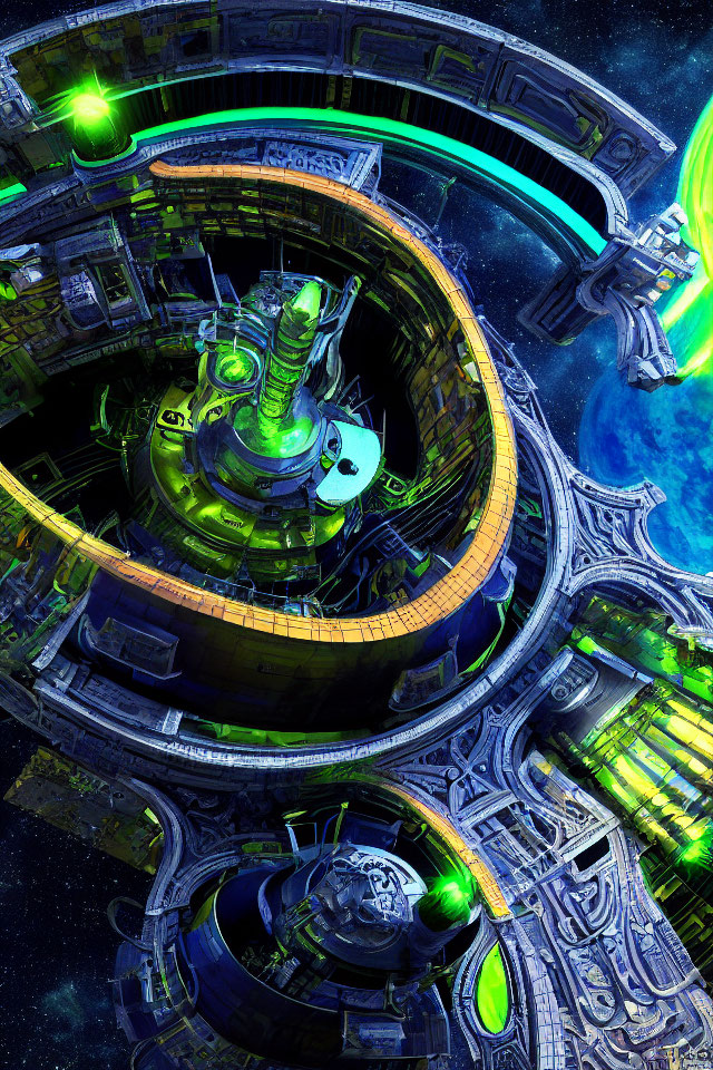 Futuristic space station with green lights and blue planet