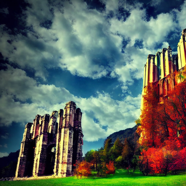 Ancient ruins in lush landscape with vibrant autumn trees under dynamic sky