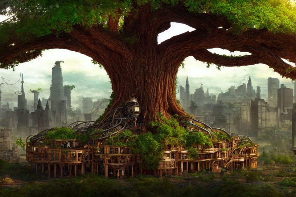 Verdant tree with wooden and metal structure against futuristic cityscape