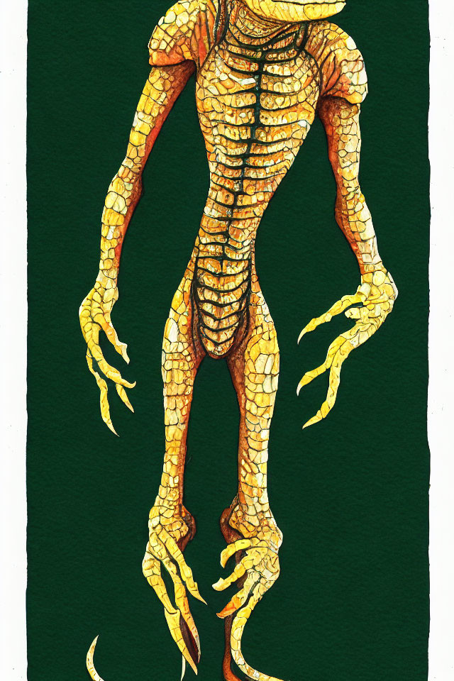 Detailed illustration of humanoid reptilian creature with long arms, sharp claws, bony spine, and sc