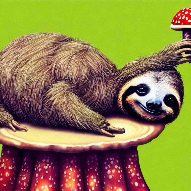 Smiling sloth on large mushroom with green background