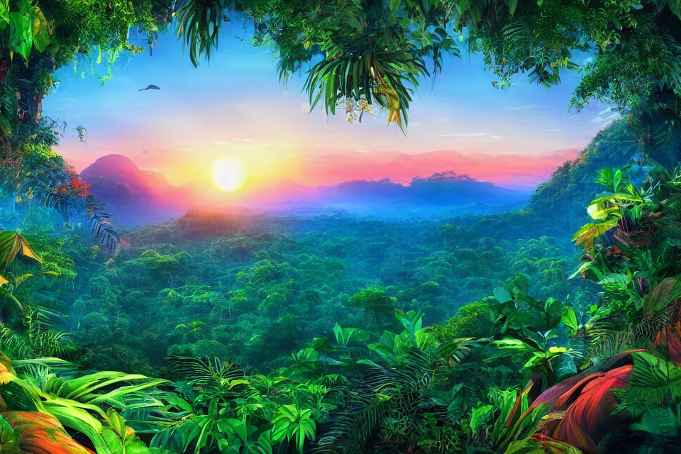 Vibrant tropical rainforest with sunset sky, mountains, and bird in flight